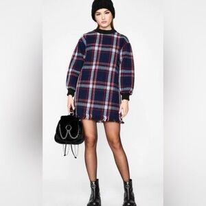 J.O.A. Plaid Knit Dress Size Medium Stripes Fringe Crewneck ballon sleeve